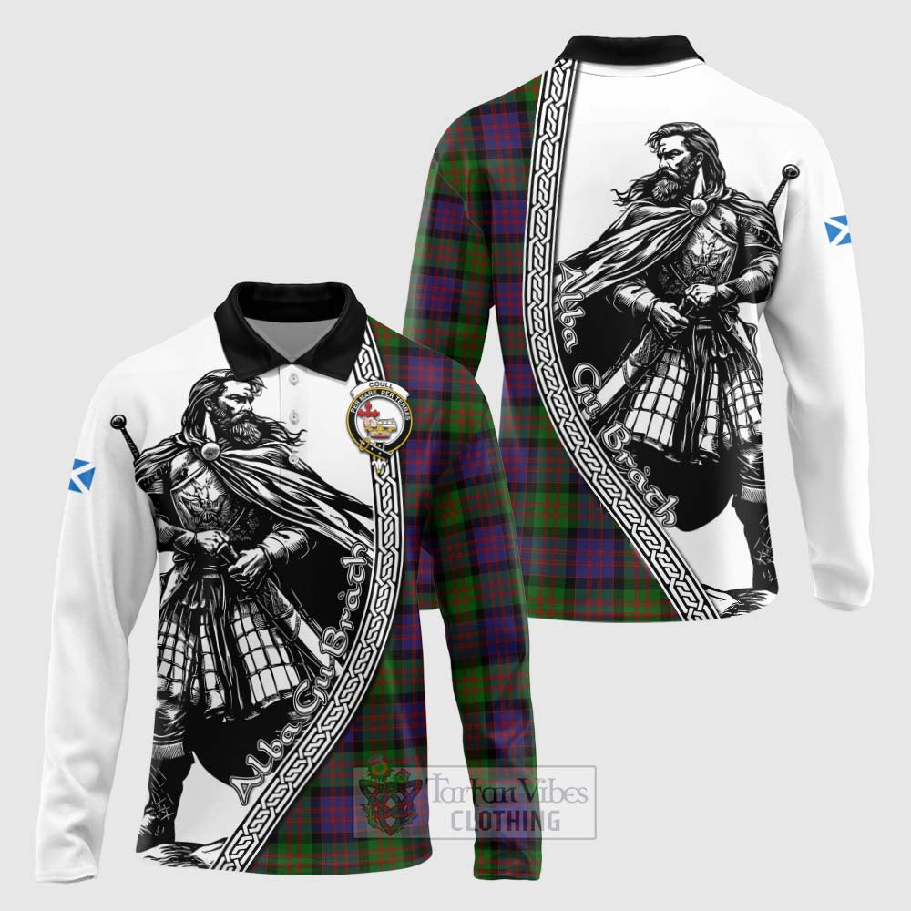 Coull Tartan Clan Crest Long Sleeve Polo Shirt with Highlander Warrior Celtic Style Unisex - Tartan Vibes Clothing