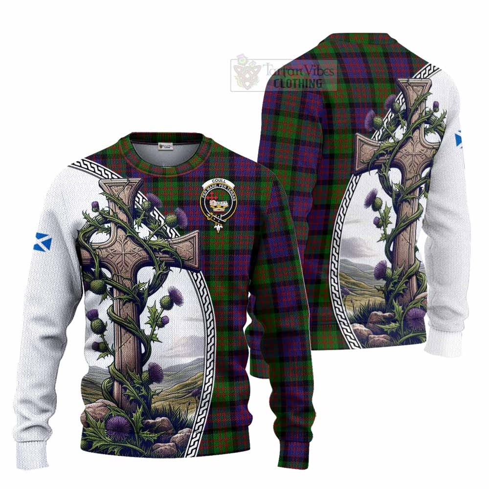 Coull Tartan Knitted Sweater with Family Crest and St. Andrew's Cross Accented by Thistle Vines Unisex - Tartan Vibes Clothing