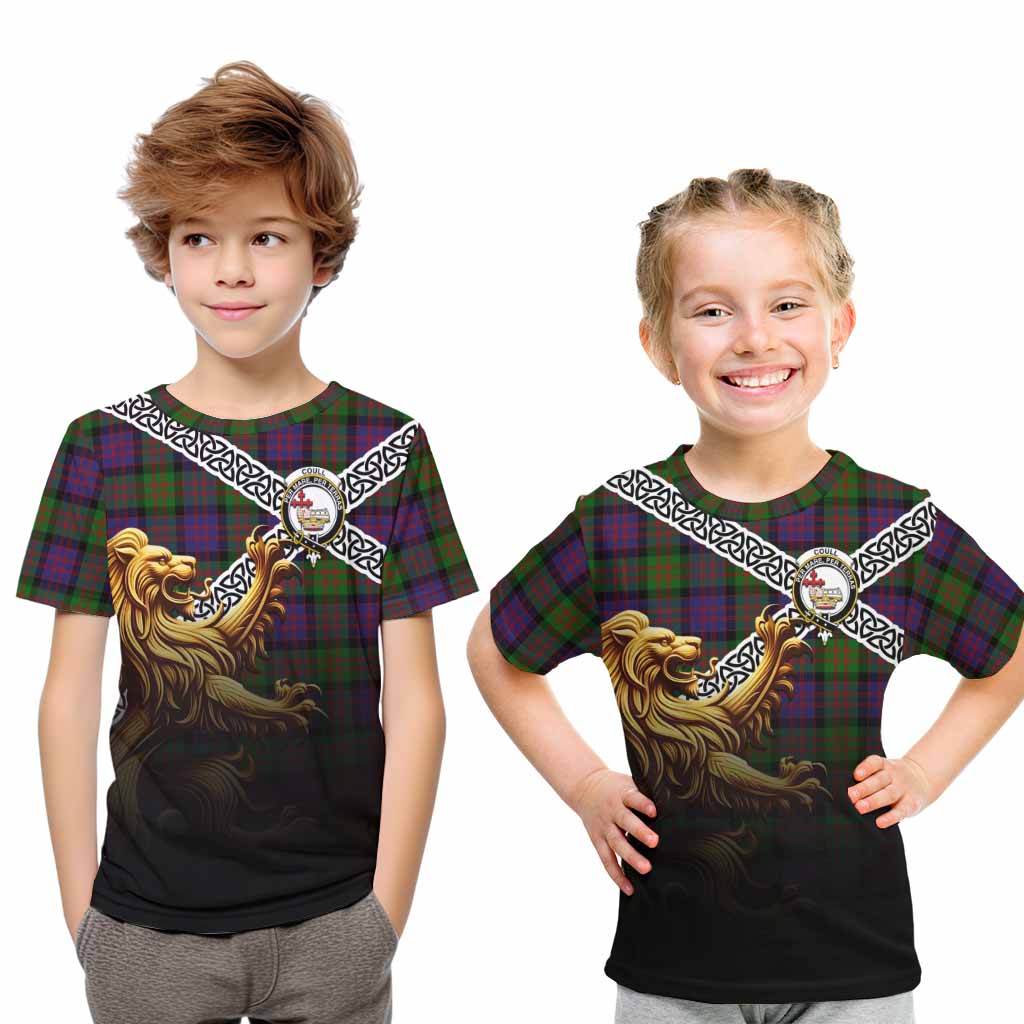 Coull Crest Tartan Kid T-Shirt with Golden Lion Emblem Celtic Style Youth XL Size14 - Tartan Vibes Clothing