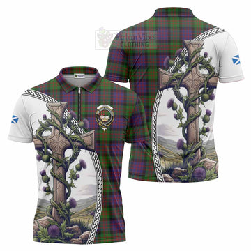 Coull Tartan Zipper Polo Shirt with Family Crest and St. Andrew's Cross Accented by Thistle Vines Unisex - Tartan Vibes Clothing