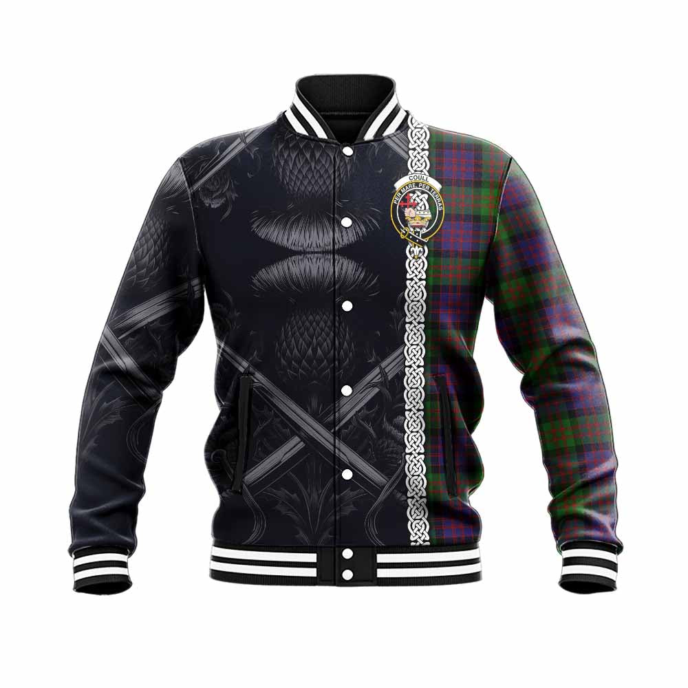 Coull Tartan Baseball Jacket with Family Crest Cross Sword Thistle Celtic Vibes Unisex - Tartan Vibes Clothing