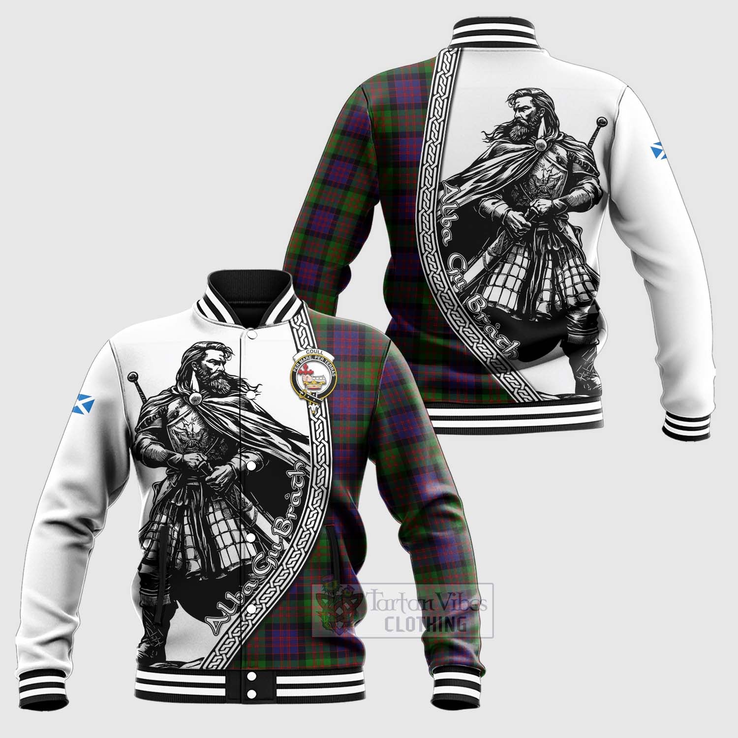 Coull Tartan Clan Crest Baseball Jacket with Highlander Warrior Celtic Style Unisex - Tartan Vibes Clothing