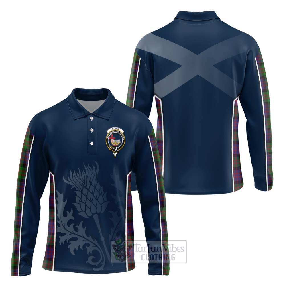 Tartan Vibes Clothing Coull Tartan Long Sleeve Polo Shirt with Family Crest and Scottish Thistle Vibes Sport Style