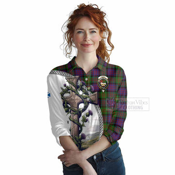 Coull Tartan Women's Casual Shirt with Family Crest and St. Andrew's Cross Accented by Thistle Vines Female - Tartan Vibes Clothing