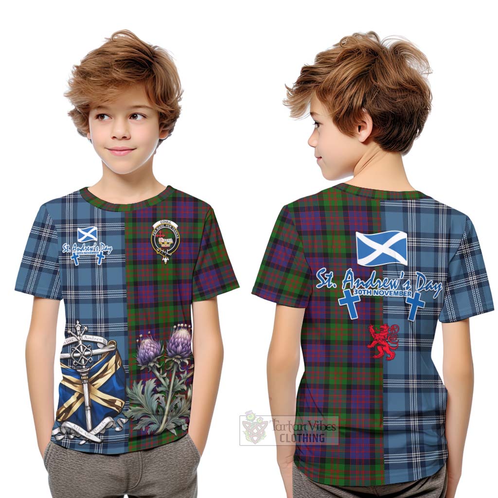 Coull Tartan Kid T-Shirt Happy St. Andrew's Day Half Tartan Style Youth XL Size14 - Tartan Vibes Clothing