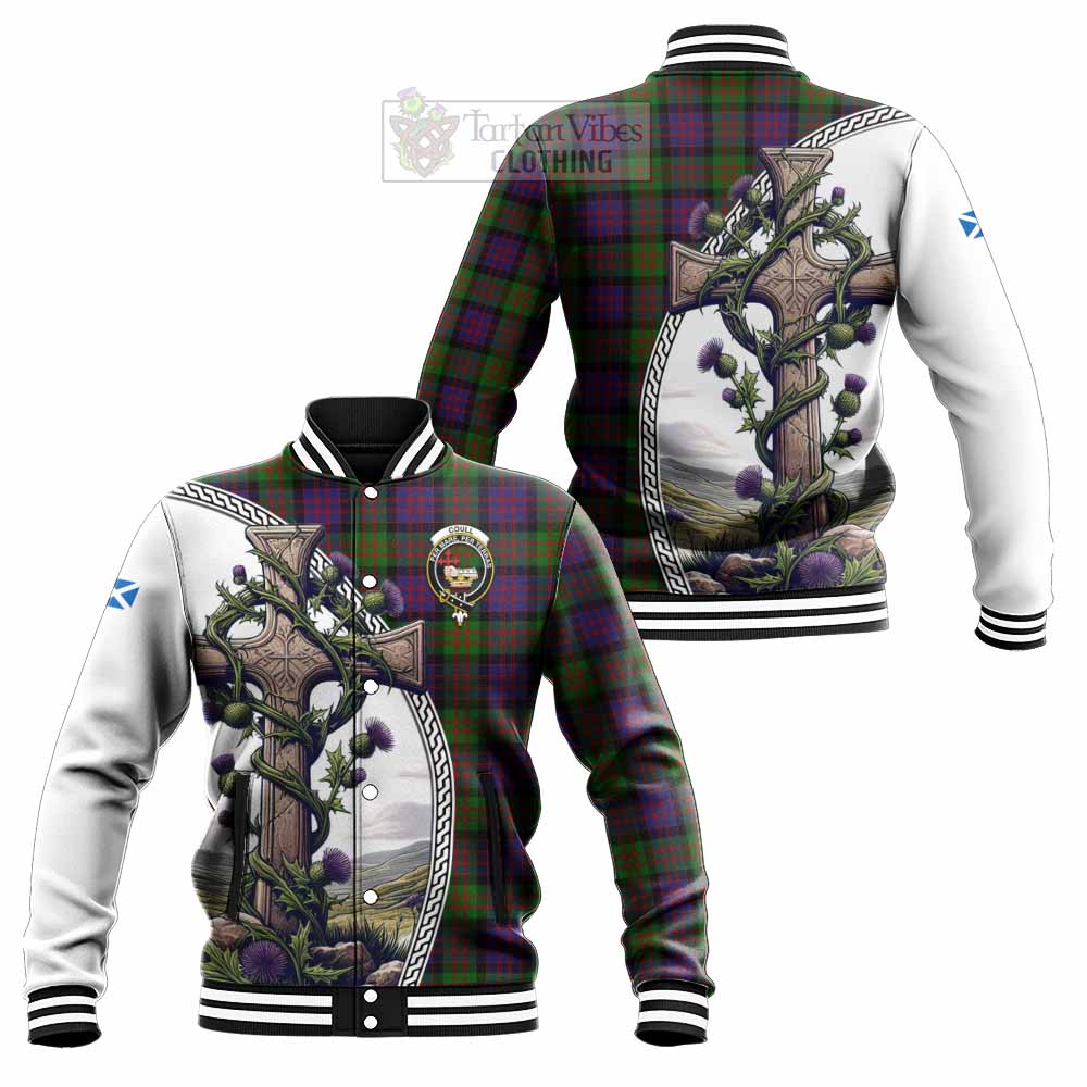 Coull Tartan Baseball Jacket with Family Crest and St. Andrew's Cross Accented by Thistle Vines Unisex - Tartan Vibes Clothing