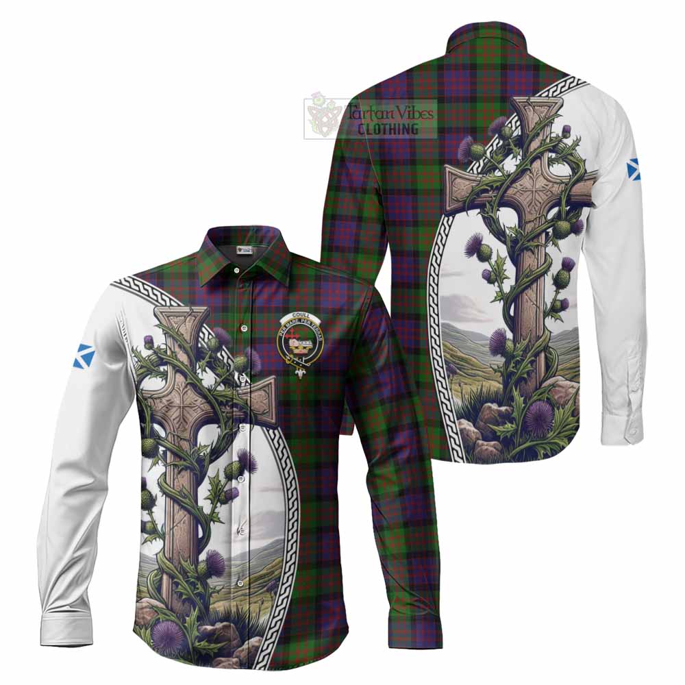 Coull Tartan Long Sleeve Button Shirt with Family Crest and St. Andrew's Cross Accented by Thistle Vines Men's Shirt S - Tartan Vibes Clothing