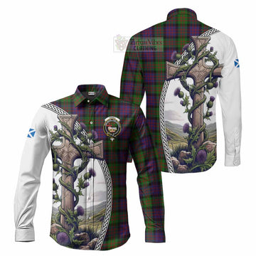 Coull Tartan Long Sleeve Button Shirt with Family Crest and St. Andrew's Cross Accented by Thistle Vines Men's Shirt S - Tartan Vibes Clothing