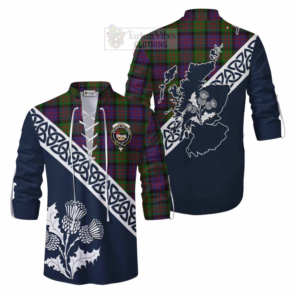 Coull Tartan Ghillie Kilt Shirt Featuring Thistle and Scotland Map Men - Tartan Vibes Clothing