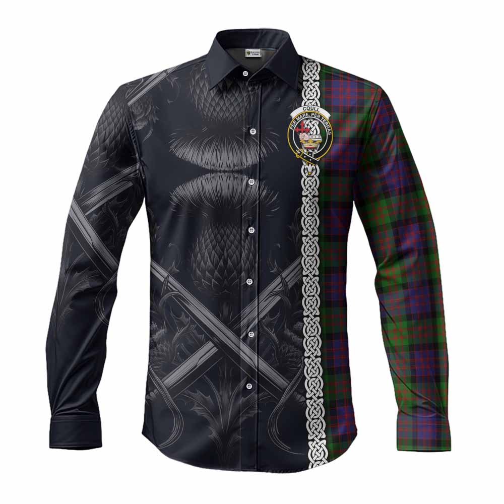 Tartan Vibes Clothing Coull Tartan Long Sleeve Button Shirt with Family Crest Cross Sword Thistle Celtic Vibes