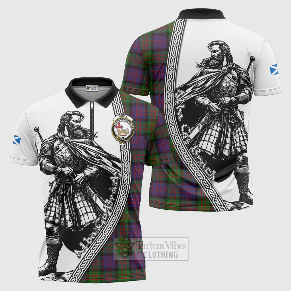 Coull Tartan Clan Crest Zipper Polo Shirt with Highlander Warrior Celtic Style Unisex - Tartan Vibes Clothing