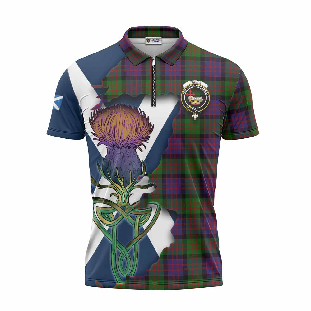 Coull Tartan Family Crest Zipper Polo Shirt Scottish Thistle Celtic Inspired Unisex - Tartan Vibes Clothing