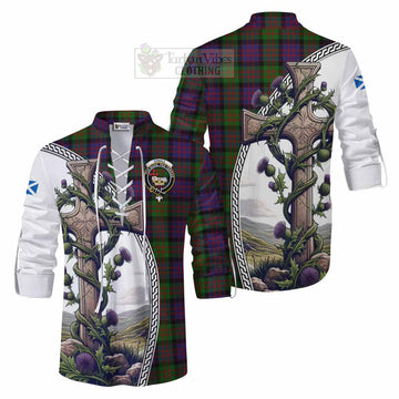 Coull Tartan Ghillie Kilt Shirt with Family Crest and St. Andrew's Cross Accented by Thistle Vines Men - Tartan Vibes Clothing