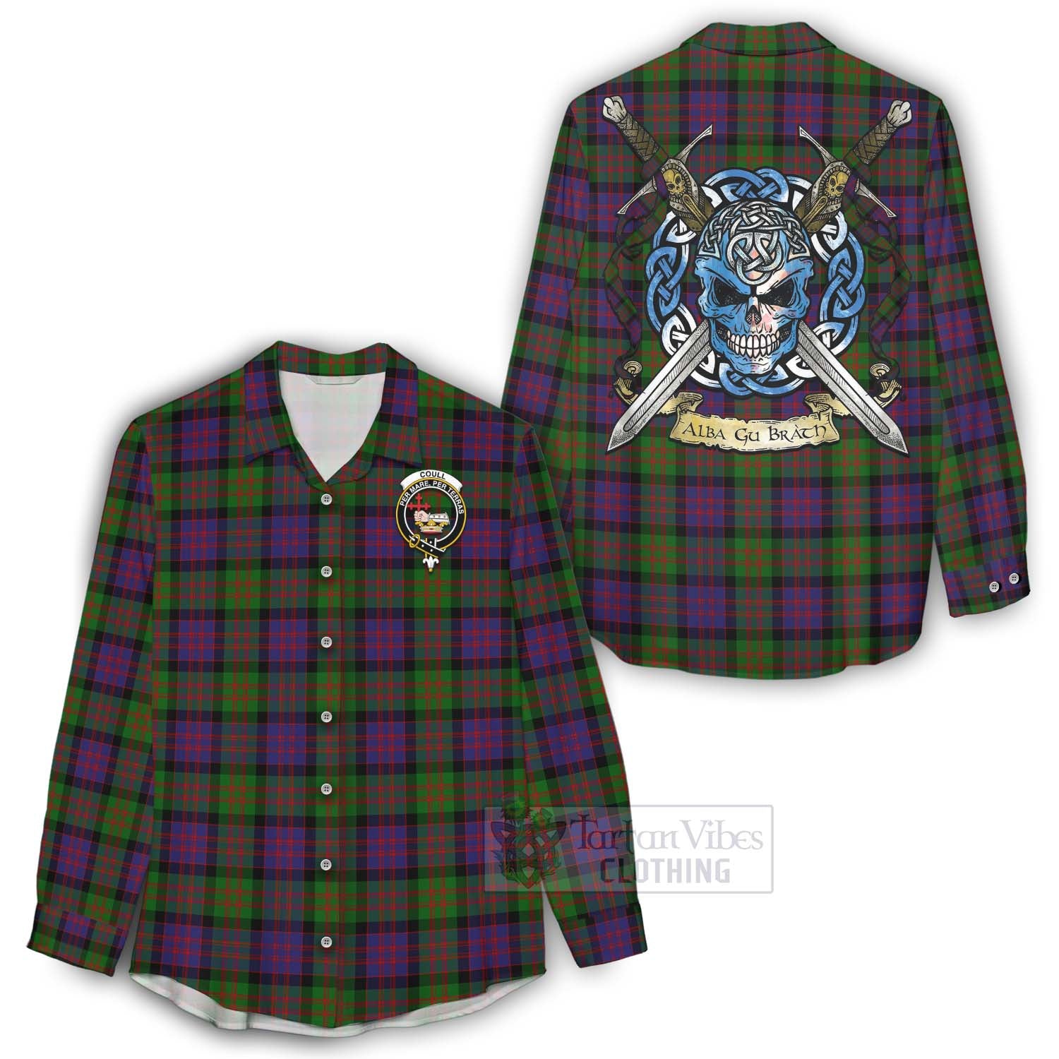 Coull Tartan Women's Casual Shirt with Family Crest Celtic Skull Style - Tartan Vibes Clothing