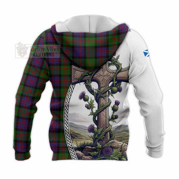 Coull Tartan Knitted Hoodie with Family Crest and St. Andrew's Cross Accented by Thistle Vines - Tartan Vibes Clothing