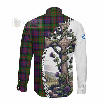 Coull Tartan Long Sleeve Button Shirt with Family Crest and St. Andrew's Cross Accented by Thistle Vines Men's Shirt - Tartan Vibes Clothing