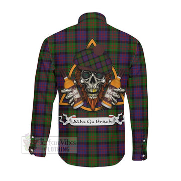 Coull Tartan Long Sleeve Button Shirt with Family Crest and Bearded Skull Holding Bottles of Whiskey Men's Shirt - Tartan Vibes Clothing