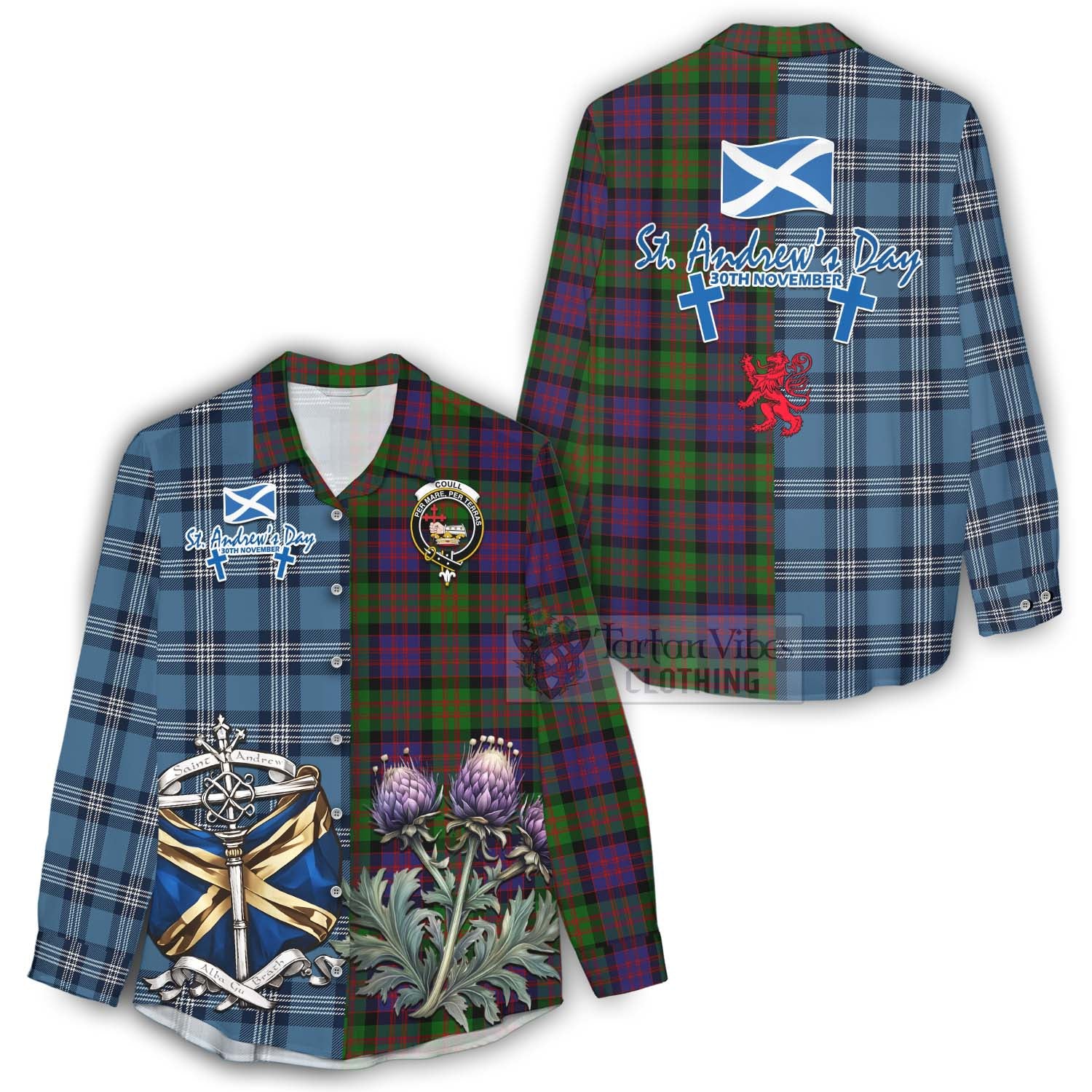 Coull Tartan Women's Casual Shirt Happy St. Andrew's Day Half Tartan Style - Tartan Vibes Clothing