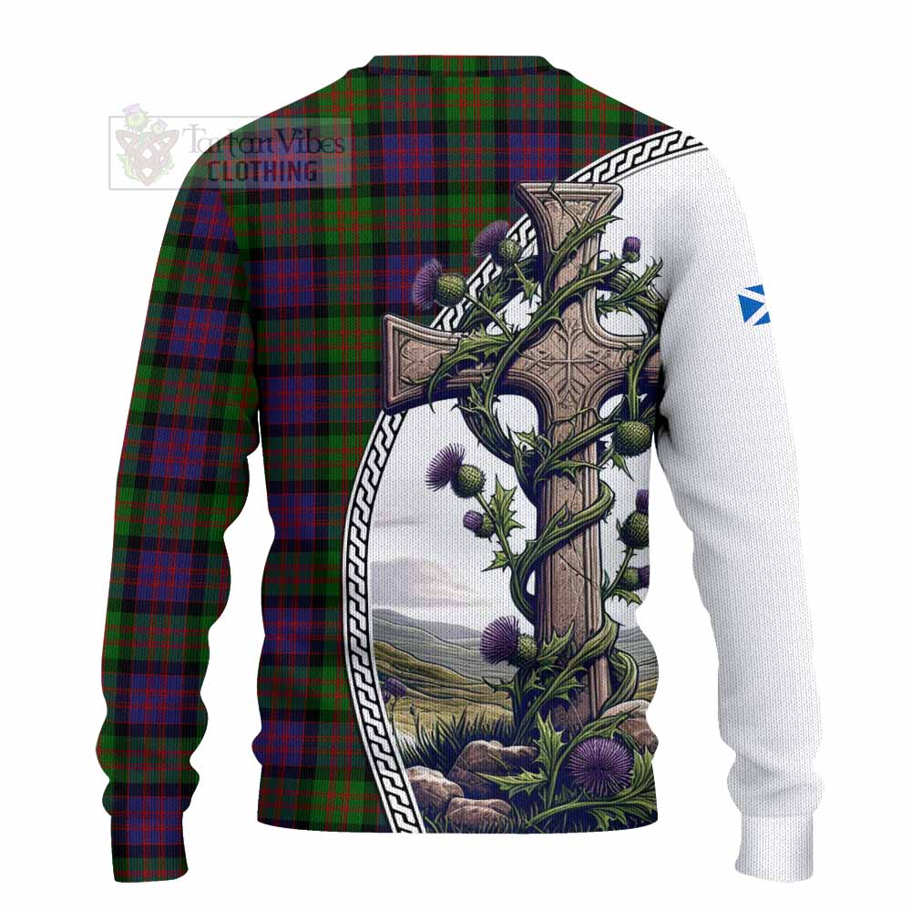 Coull Tartan Knitted Sweater with Family Crest and St. Andrew's Cross Accented by Thistle Vines - Tartan Vibes Clothing