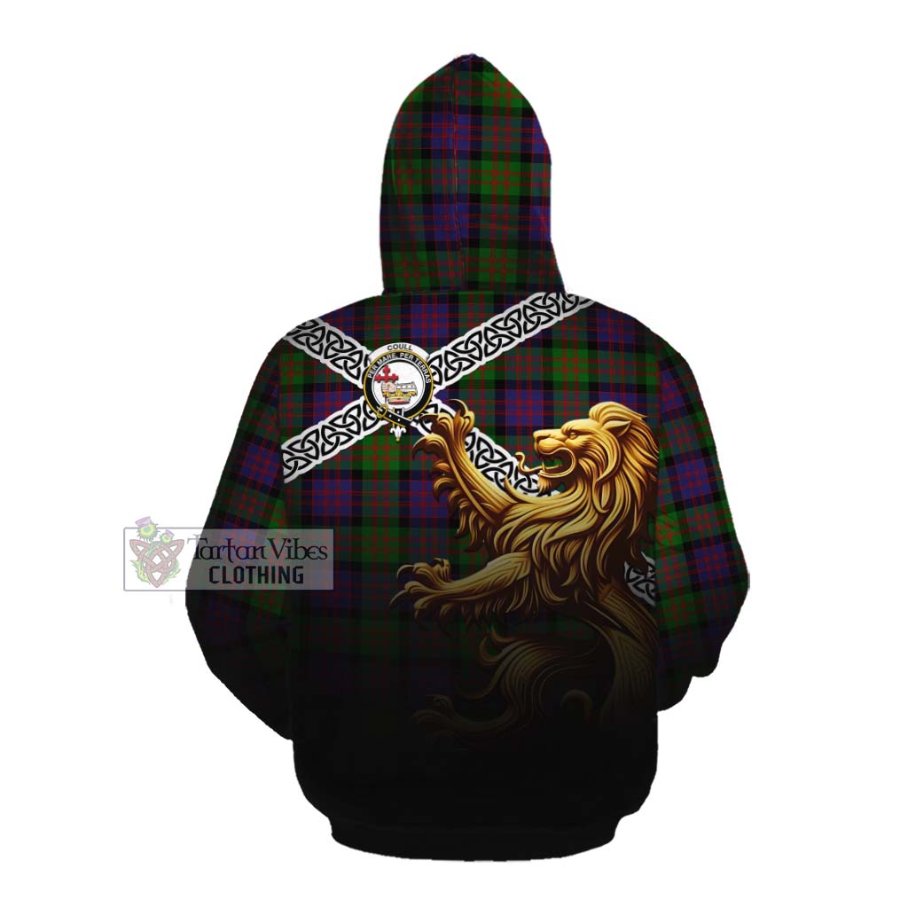 Coull Crest Tartan Cotton Hoodie with Golden Lion Emblem Celtic Style Pullover Hoodie - Tartan Vibes Clothing