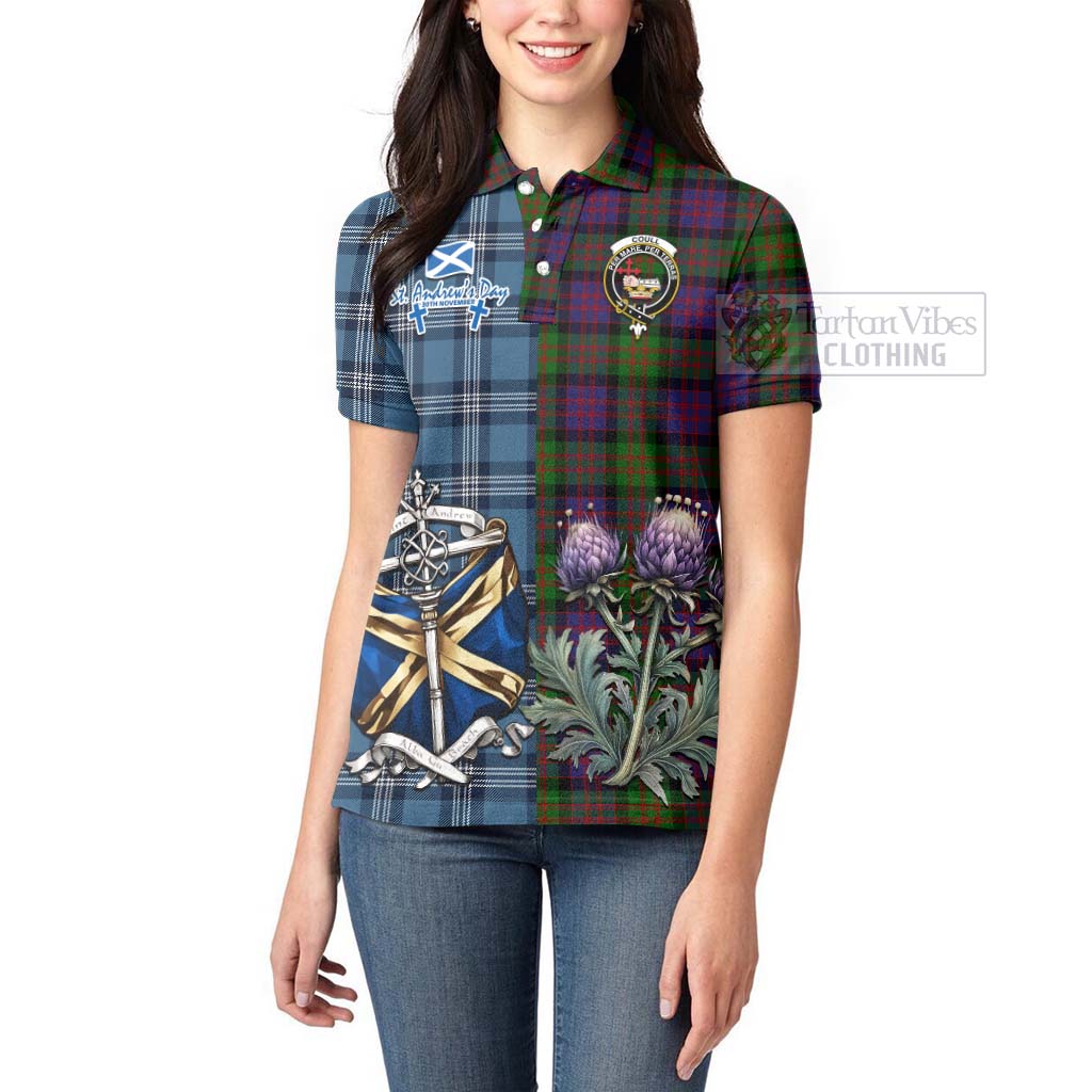 Coull Tartan Women's Polo Shirt Happy St. Andrew's Day Half Tartan Style - Tartan Vibes Clothing