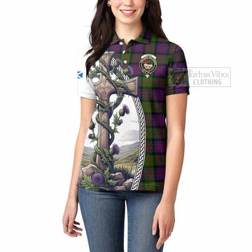 Coull Tartan Women's Polo Shirt with Family Crest and St. Andrew's Cross Accented by Thistle Vines - Tartan Vibes Clothing