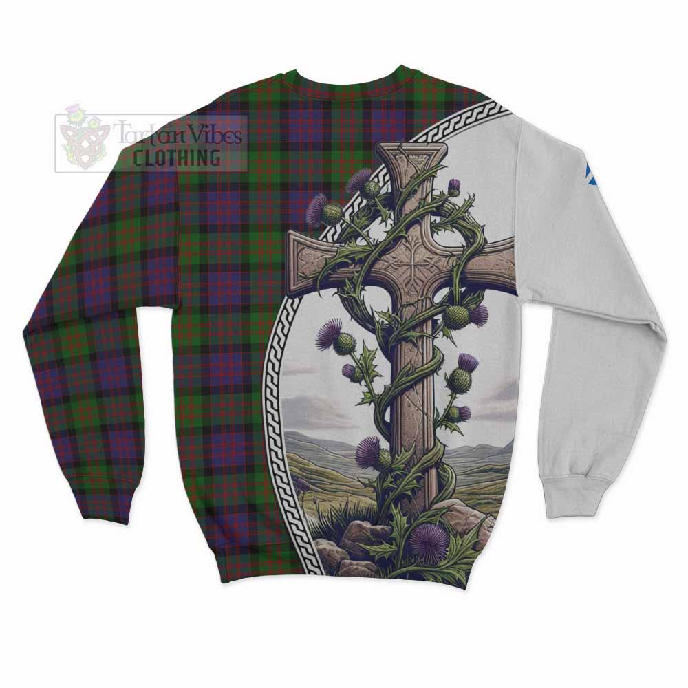Coull Tartan Sweatshirt with Family Crest and St. Andrew's Cross Accented by Thistle Vines - Tartan Vibes Clothing