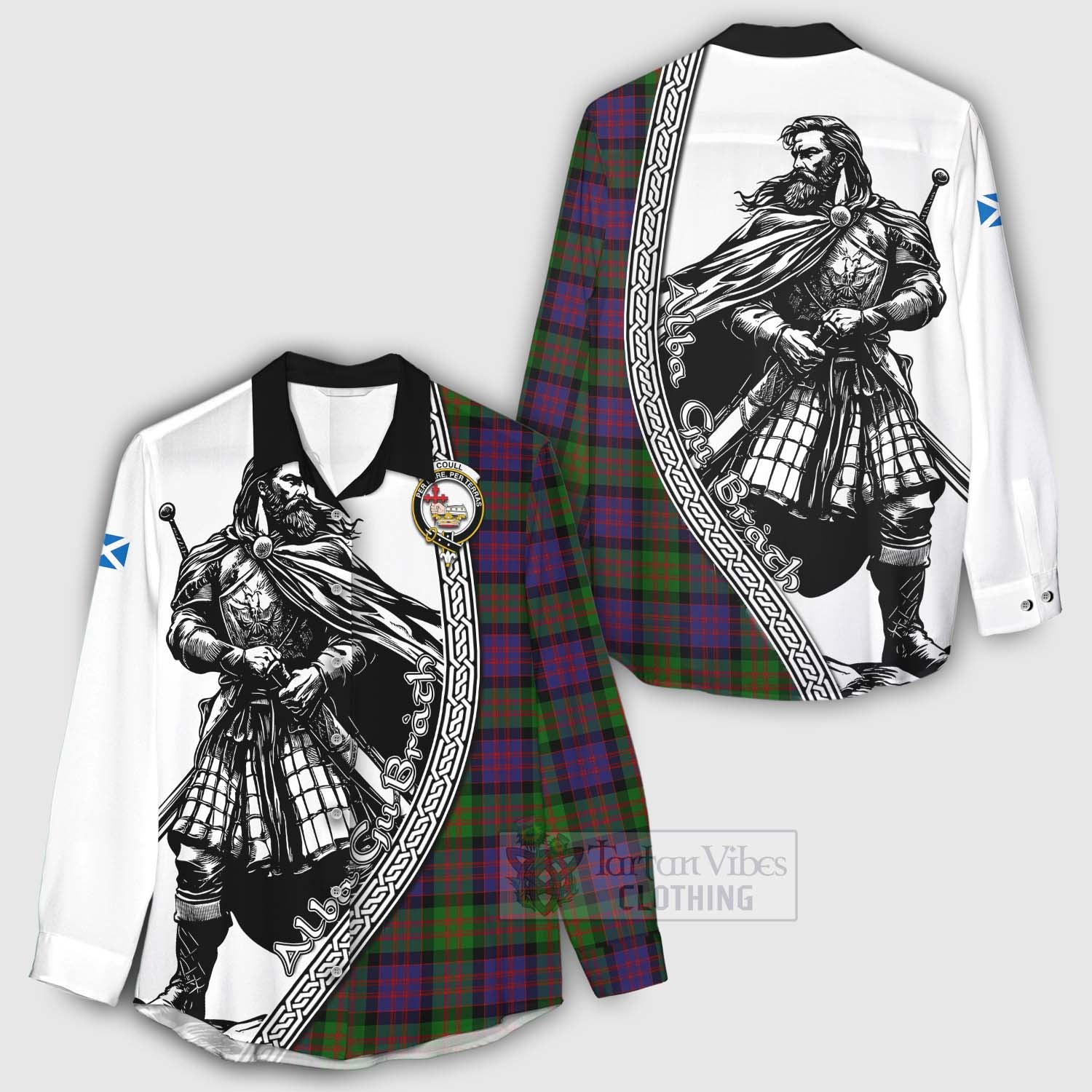 Coull Tartan Clan Crest Women's Casual Shirt with Highlander Warrior Celtic Style - Tartan Vibes Clothing