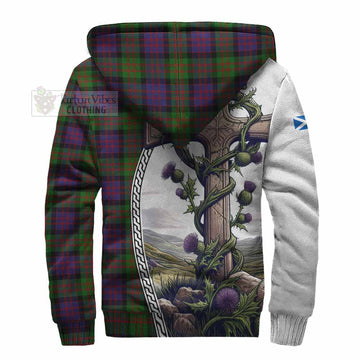 Coull Tartan Sherpa Hoodie with Family Crest and St. Andrew's Cross Accented by Thistle Vines - Tartan Vibes Clothing