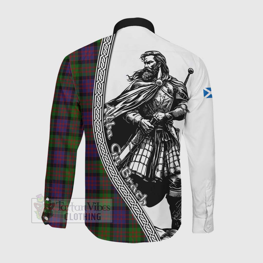 Coull Tartan Clan Crest Long Sleeve Button Shirt with Highlander Warrior Celtic Style Men's Shirt - Tartan Vibes Clothing