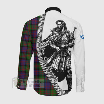 Coull Tartan Clan Crest Long Sleeve Button Shirt with Highlander Warrior Celtic Style Men's Shirt - Tartan Vibes Clothing