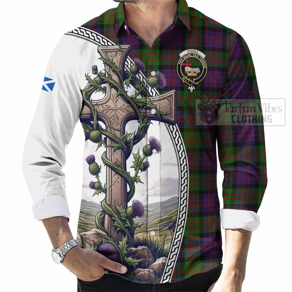 Coull Tartan Long Sleeve Button Shirt with Family Crest and St. Andrew's Cross Accented by Thistle Vines - Tartan Vibes Clothing