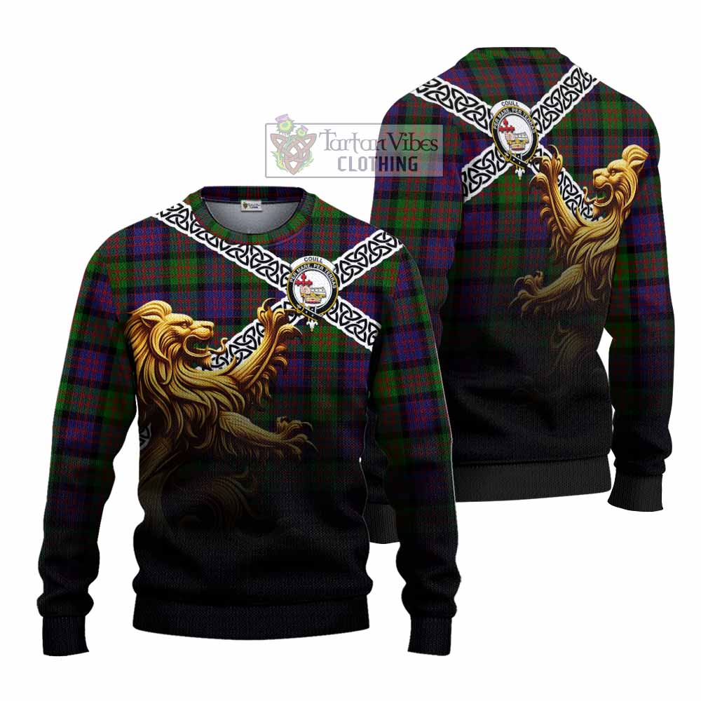 Coull Crest Tartan Knitted Sweater with Golden Lion Emblem Celtic Style - Tartan Vibes Clothing