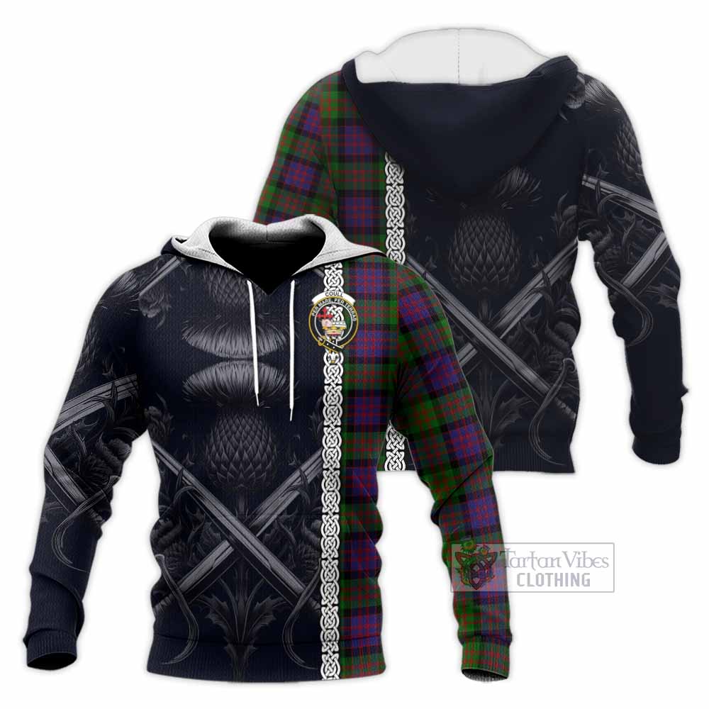 Coull Tartan Knitted Hoodie with Family Crest Cross Sword Thistle Celtic Vibes - Tartan Vibes Clothing