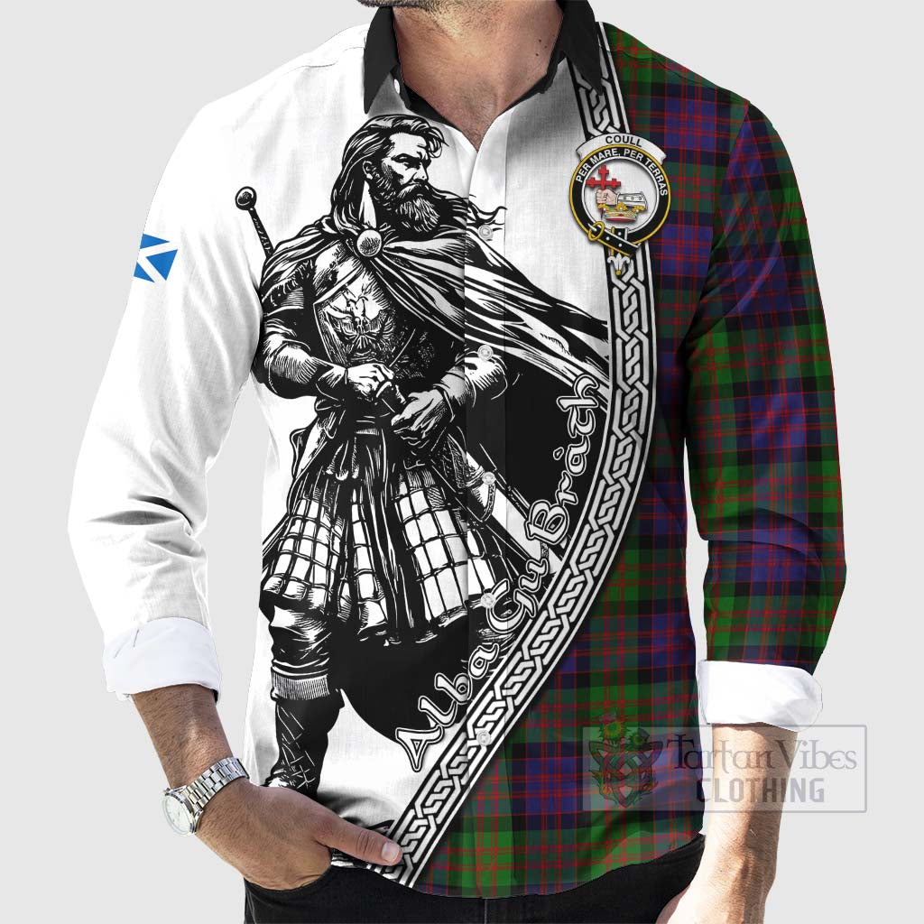 Coull Tartan Clan Crest Long Sleeve Button Shirt with Highlander Warrior Celtic Style - Tartan Vibes Clothing