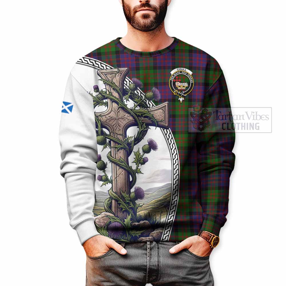 Coull Tartan Sweatshirt with Family Crest and St. Andrew's Cross Accented by Thistle Vines - Tartan Vibes Clothing