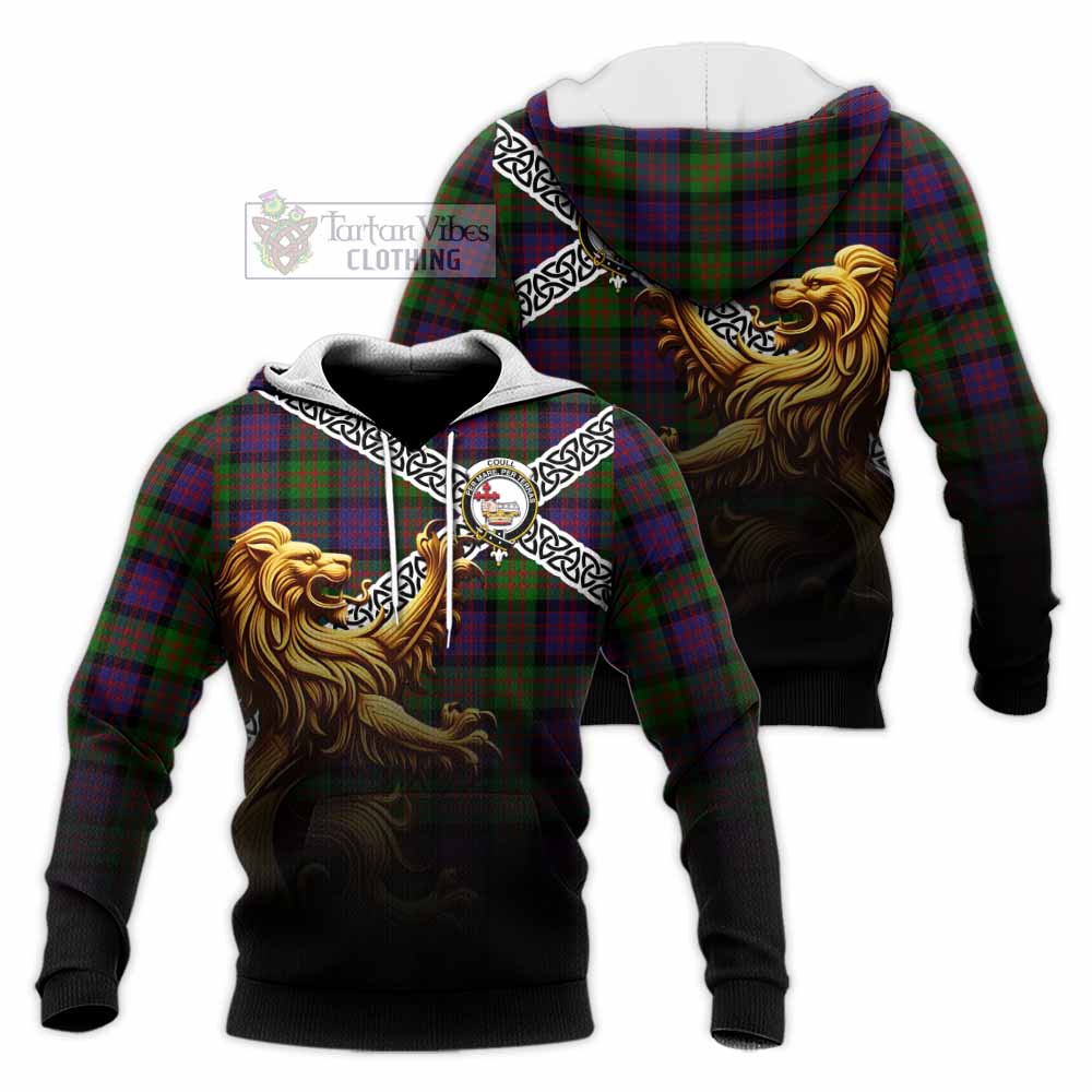 Coull Crest Tartan Knitted Hoodie with Golden Lion Emblem Celtic Style - Tartan Vibes Clothing