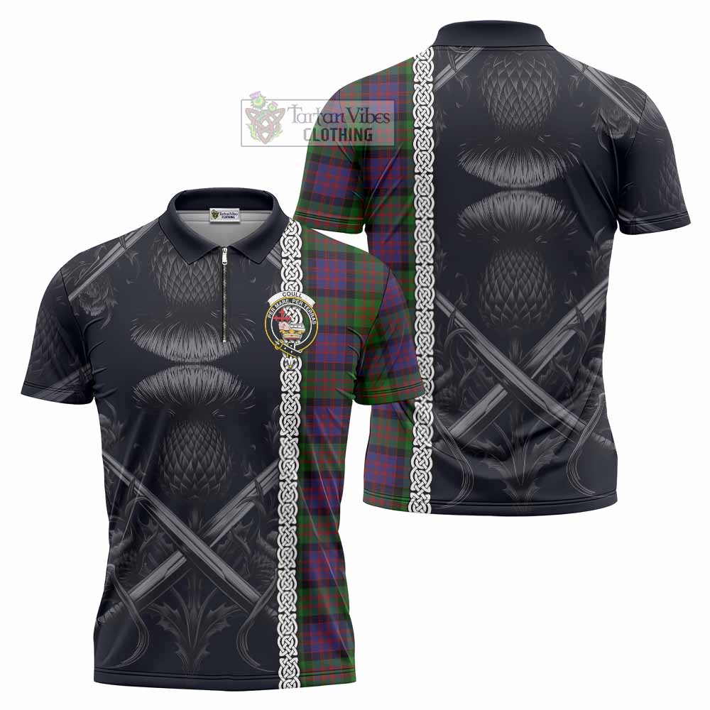 Coull Tartan Zipper Polo Shirt with Family Crest Cross Sword Thistle Celtic Vibes - Tartan Vibes Clothing