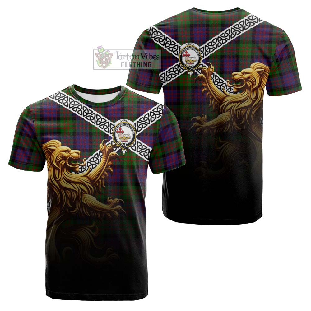 Coull Crest Tartan Cotton T-shirt with Golden Lion Emblem Celtic Style - Tartan Vibes Clothing