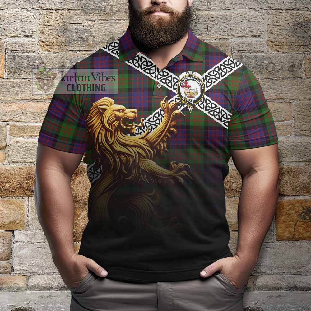Coull Crest Tartan Polo Shirt with Golden Lion Emblem Celtic Style - Tartan Vibes Clothing