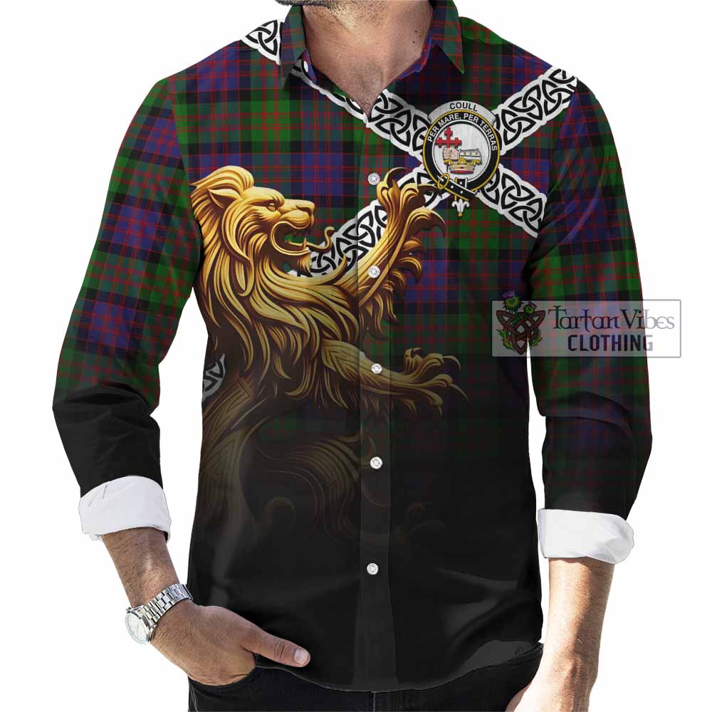Coull Crest Tartan Long Sleeve Button Shirt with Golden Lion Emblem Celtic Style - Tartan Vibes Clothing