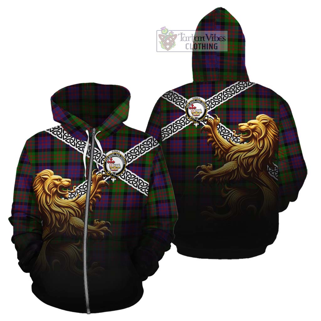 Coull Crest Tartan Cotton Hoodie with Golden Lion Emblem Celtic Style Zip Hoodie - Tartan Vibes Clothing