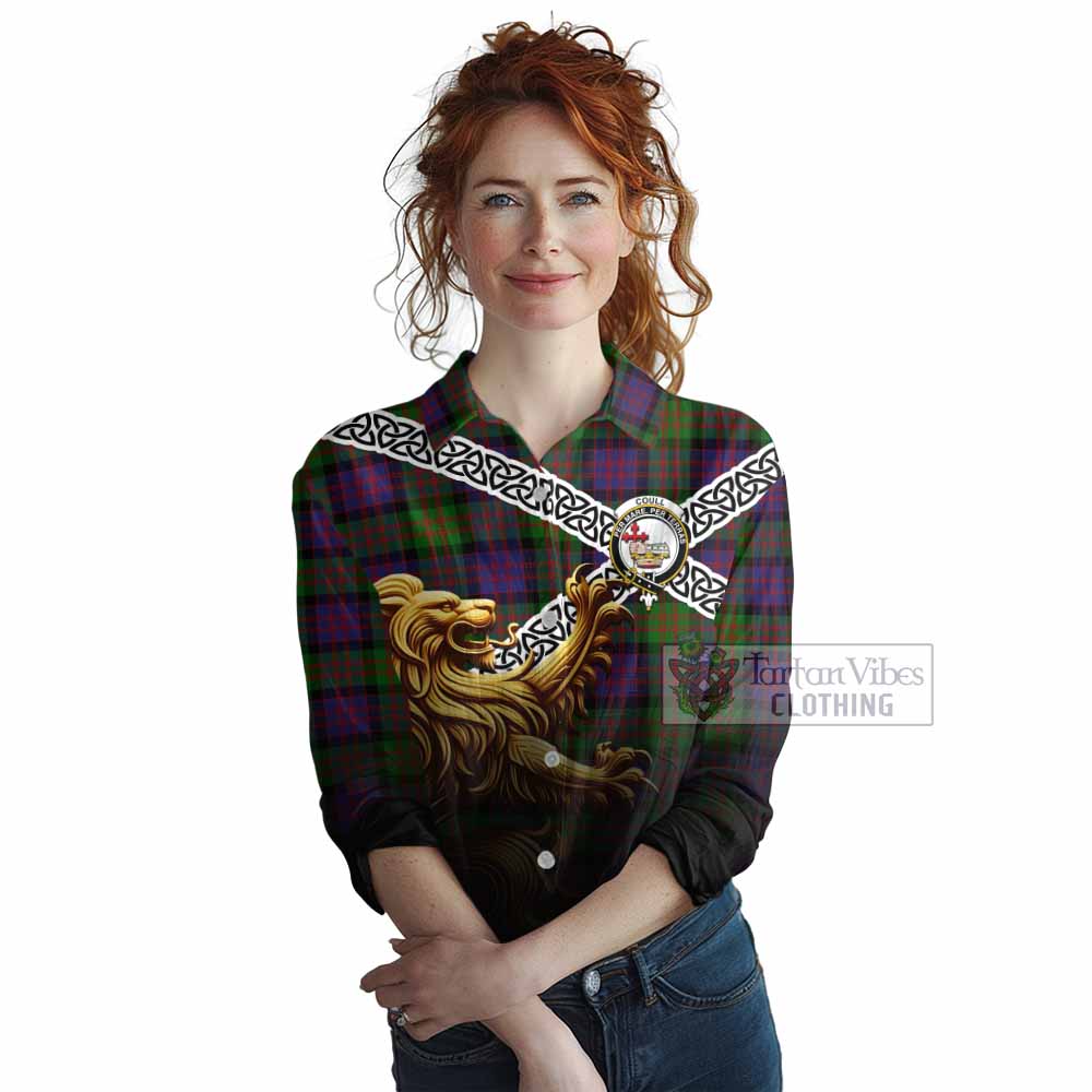 Coull Crest Tartan Women's Casual Shirt with Golden Lion Emblem Celtic Style - Tartan Vibes Clothing