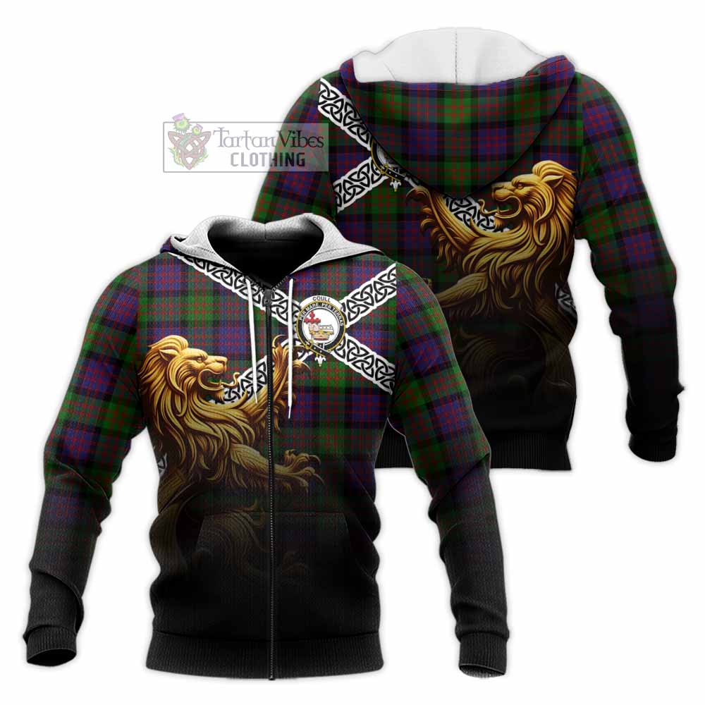 Coull Crest Tartan Knitted Hoodie with Golden Lion Emblem Celtic Style Unisex Knitted Zip Hoodie - Tartan Vibes Clothing