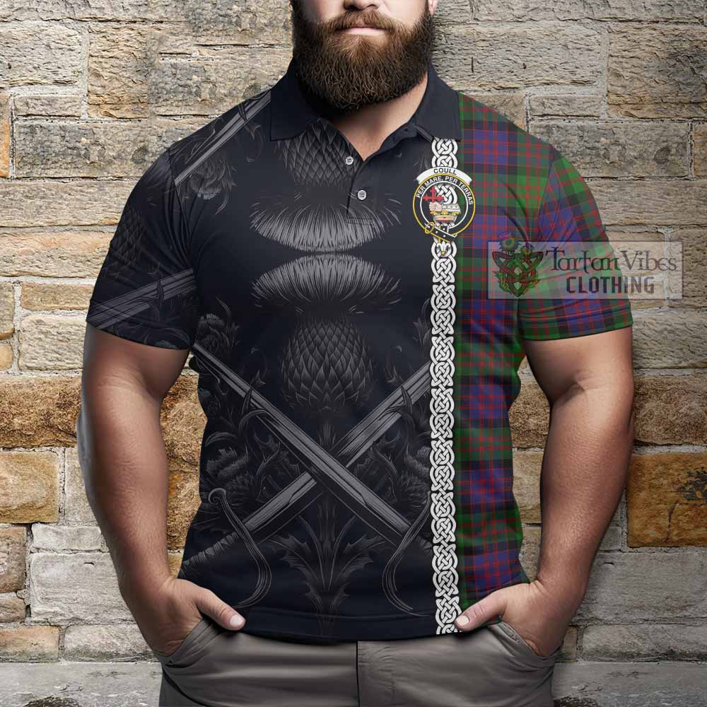 Coull Tartan Polo Shirt with Family Crest Cross Sword Thistle Celtic Vibes - Tartan Vibes Clothing