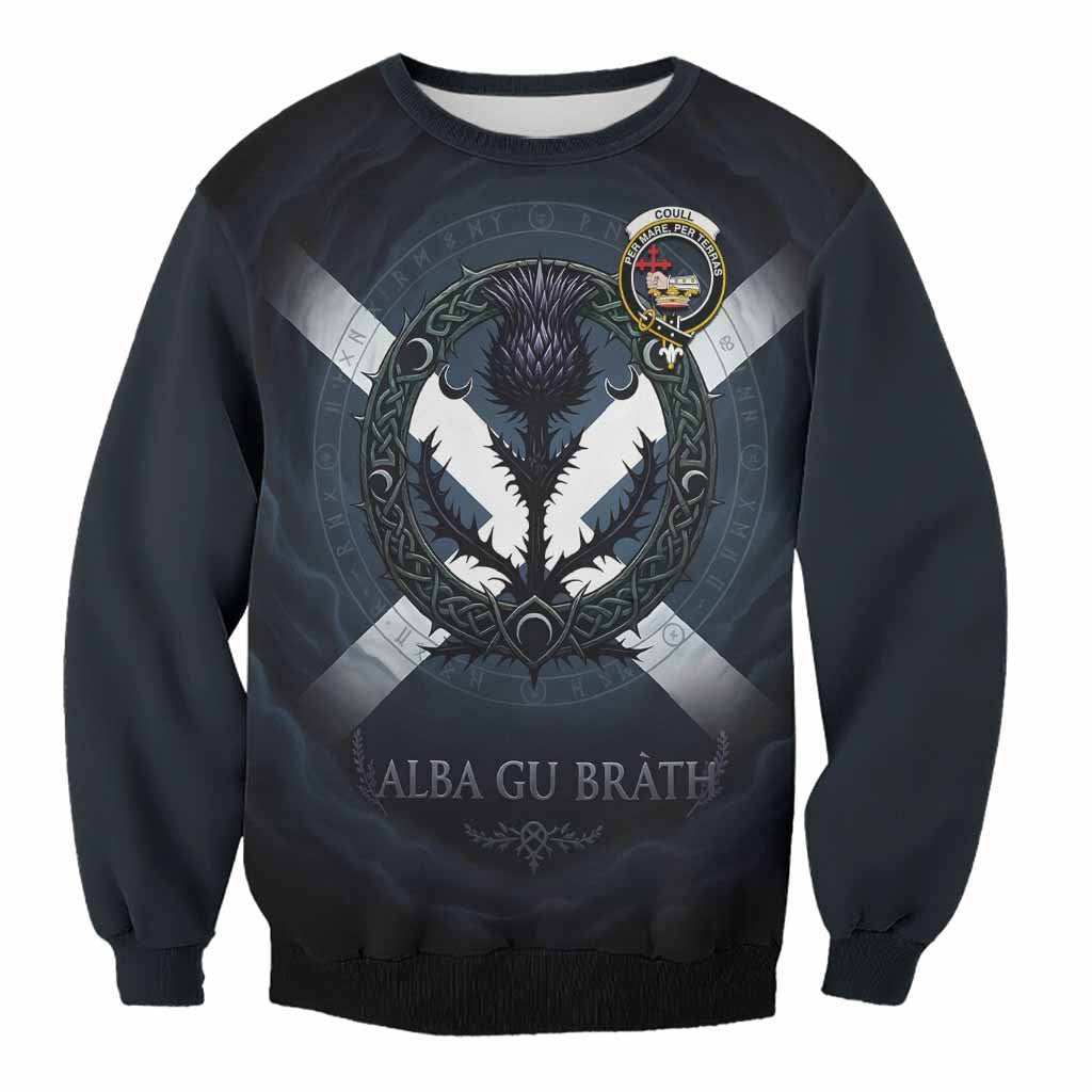 Coull Clan Crest Sweatshirt with Celtic Knot Thistle and Saltire