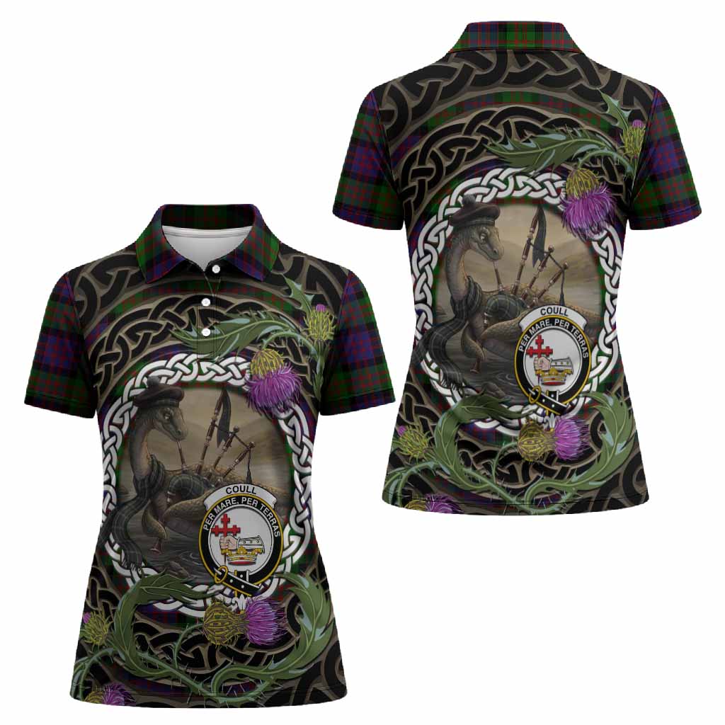 Coull Tartan Crest Bagpipe Nessie Women Polo Shirt Scottish Loch Ness Monster Celtic Thistle