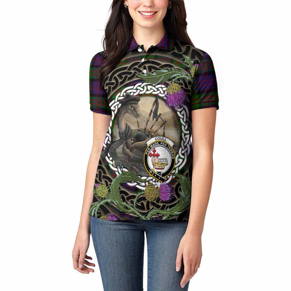 Coull Tartan Crest Bagpipe Nessie Women Polo Shirt Scottish Loch Ness Monster Celtic Thistle