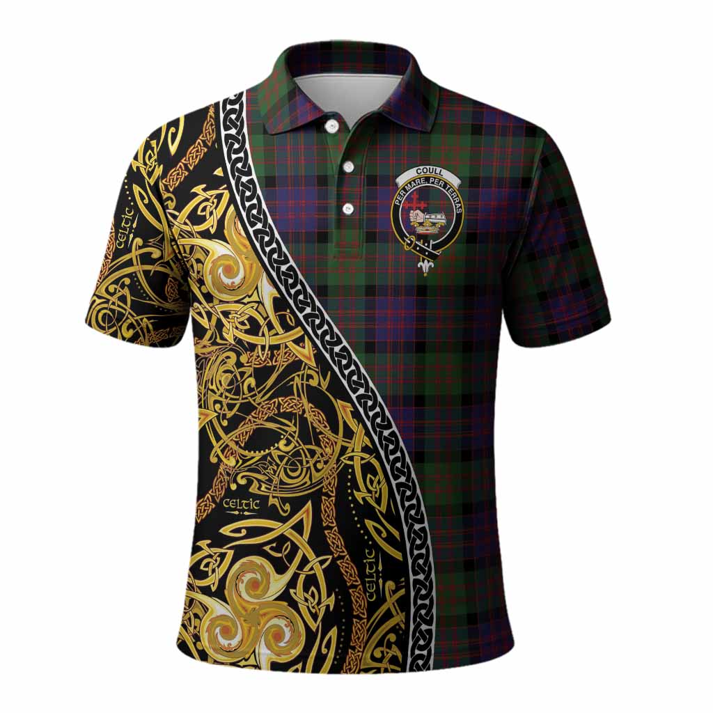 Coull Tartan Crest Polo Shirt Celtic Knot and Triple Trickle Spiral Symbols