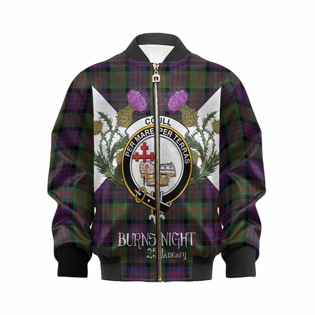 Coull Tartan Family Crest Kid Bomber Jacket Scottish Burns Night Thistle Floral